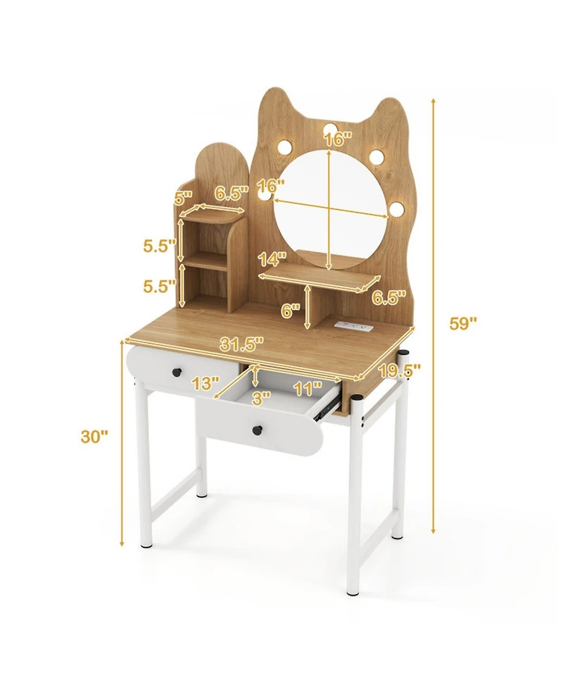 Gouun Small Vanity Desk with Round Lighted Mirror and Power Outlets