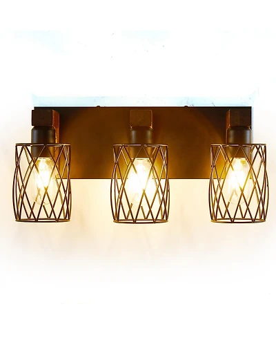 Busdays 3-Light Farmhouse Bathroom Vanity Light, Rustic Wood and Metal Wall Sconce for Mirror