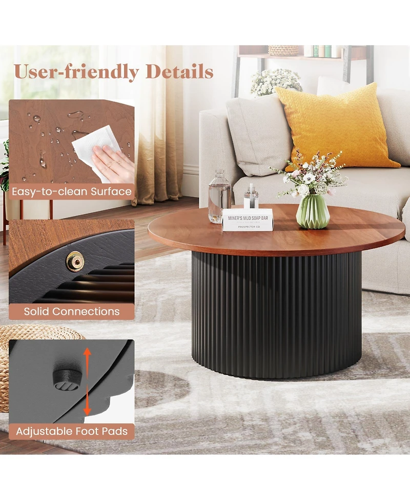 Sugift Round Coffee Table with Solid Wood Frame and Top