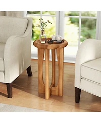 Sugift 14 in Farmhouse Round End Table with Tray Top and Cross Legs