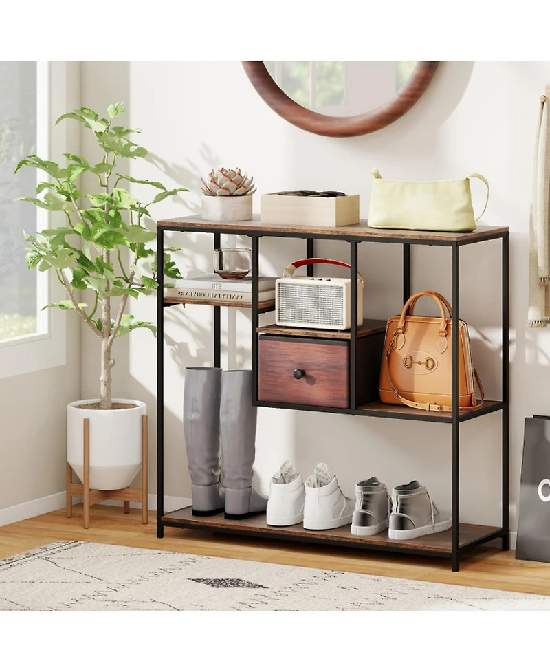 Gouun 40 in Console Table with Fabric Drawer and 4 Staggered Open Shelves