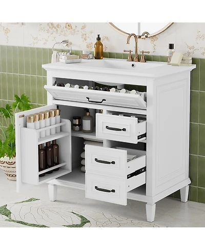 Sillysis 30 Inch Bathroom Vanity with Ceramic Sink, Solid Wood Freestanding Cabinet with Flip Drawer and Soft-Close Door