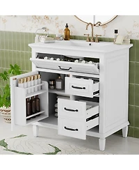 Sillysis 30 Inch Bathroom Vanity with Ceramic Sink, Solid Wood Freestanding Cabinet with Flip Drawer and Soft-Close Door