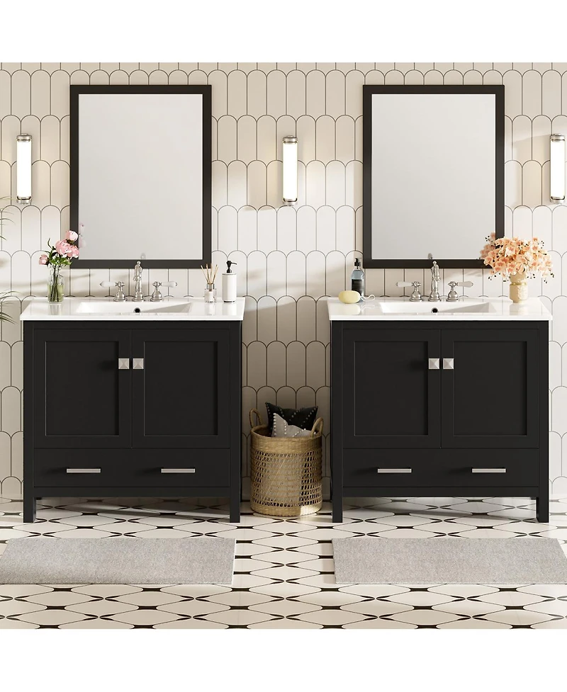 Sillysis 72 Inch Double Bathroom Vanity Set with Ceramic Sinks, Solid Wood Cabinet, Ample Storage and Soft Close Doors, Modern Freestanding