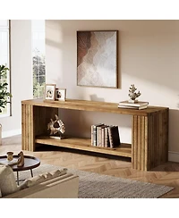 Tribesigns Solid Wood Tv Stand for 55/60/65/75-Inch Tvs, Farmhouse Entertainment Center with 2-Tier Storage Shelf, Fluted TV Consoles