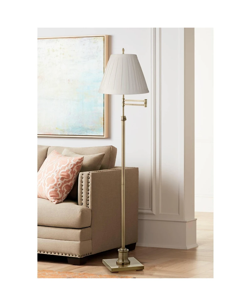 360 Lighting Swing Arm Floor Lamp 70" Tall Antique Brass Box Pleated Cream Linen Drum Shade for Living Room Reading Bedroom