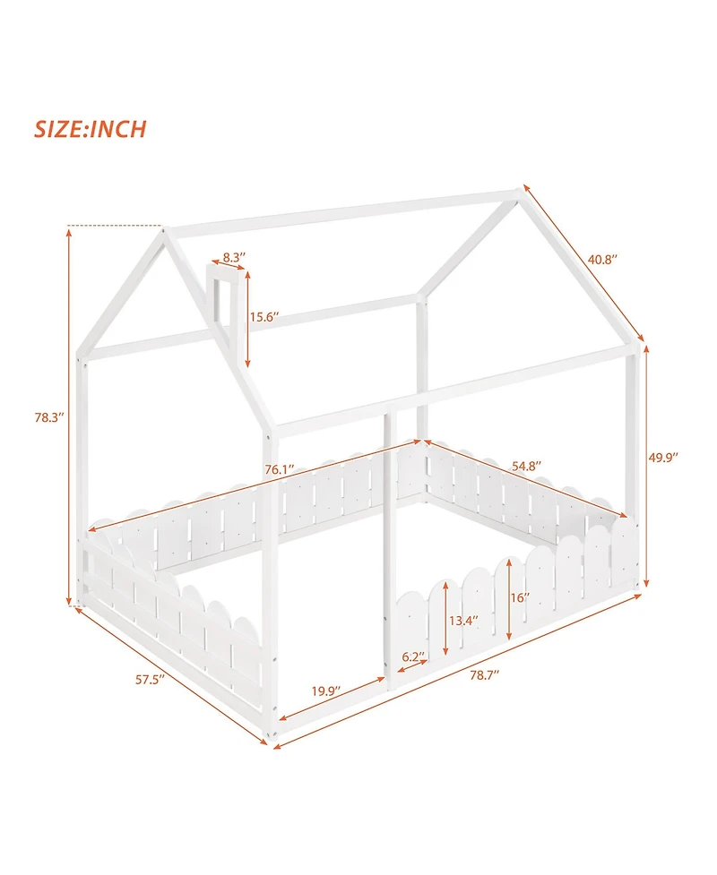 flynama Full Size Wood House Bed Frame with Surrounding Fence Roof Design for Kids Teens Boys and Girls