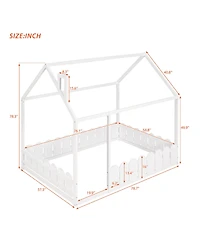 flynama Full Size Wood House Bed Frame with Surrounding Fence Roof Design for Kids Teens Boys and Girls