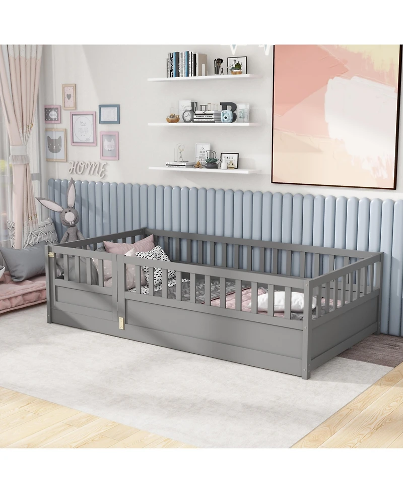 flynama Twin Size Montessori Wooden Floor Bed With High Security Barrier And Door For Kids Bedroom