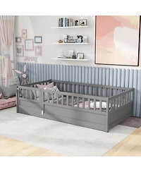 flynama Twin Size Montessori Wooden Floor Bed With High Security Barrier And Door For Kids Bedroom