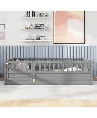 flynama Twin Size Montessori Wooden Floor Bed With High Security Barrier And Door For Kids Bedroom