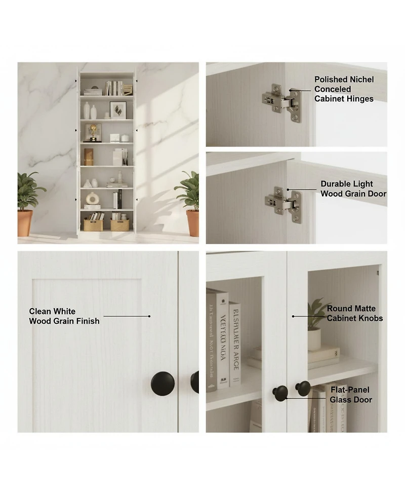 Yigii 85.5" H 7 Tier Bookshelf with Glass Doors White Large Storage Bookcase for Living Room Office