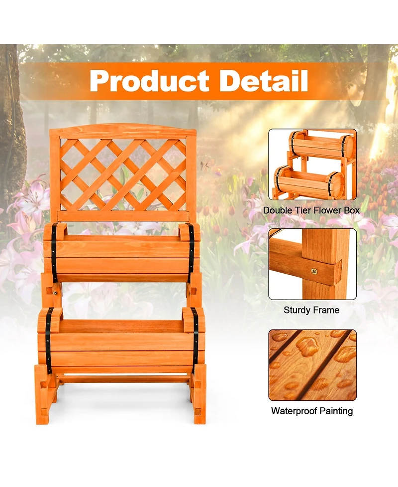 Gymax 2-Tier Wooden Raised Garden Bed Container w/2 Cylindrical Planter Boxes and Trellis