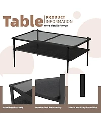 Rainsken Rectangle 2 Tier Coffee Table, Center Table with Tempered Glass Top and Wood Storage Shelf for Living Room