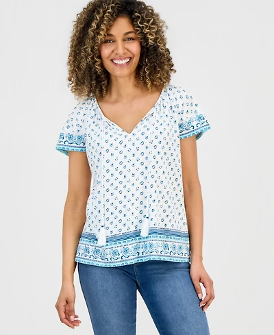 Style & Co Petite Split-Neck Flutter-Sleeve Printed Knit Top, Macy's Exclusive