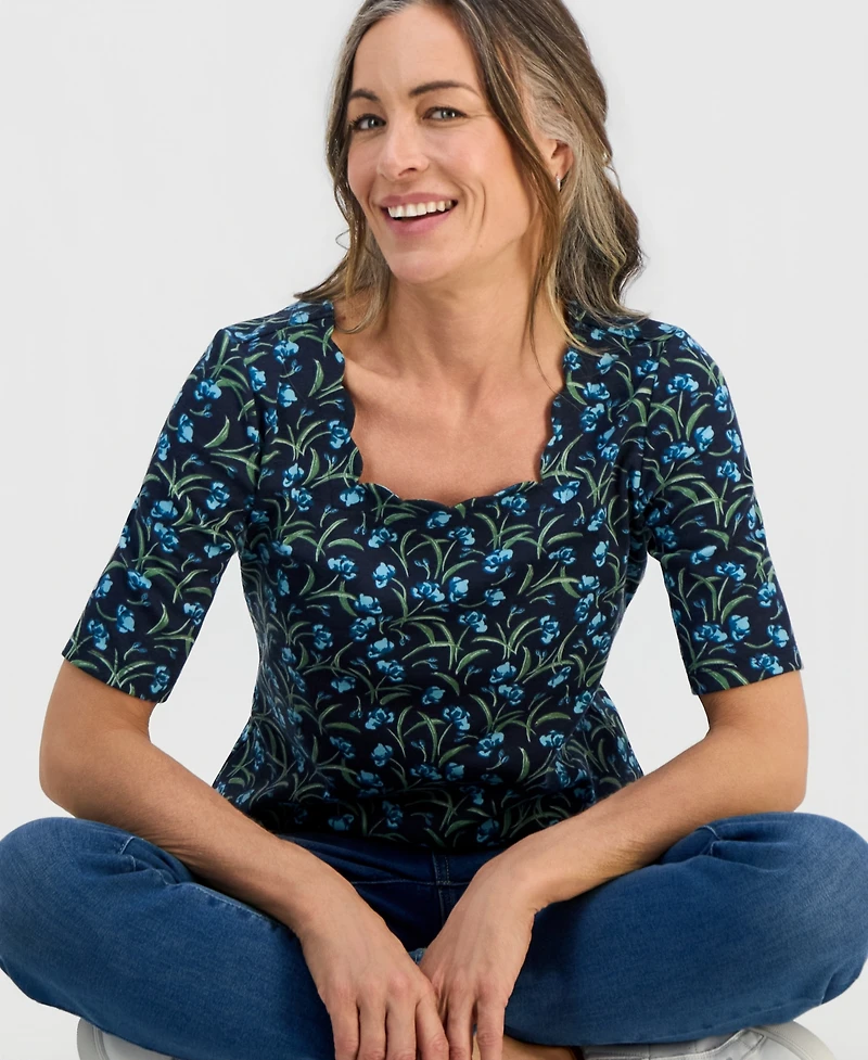 Style & Co Petite Flower Field Elbow-Sleeve Scalloped Square-Neck Top, Macy's Exclusive