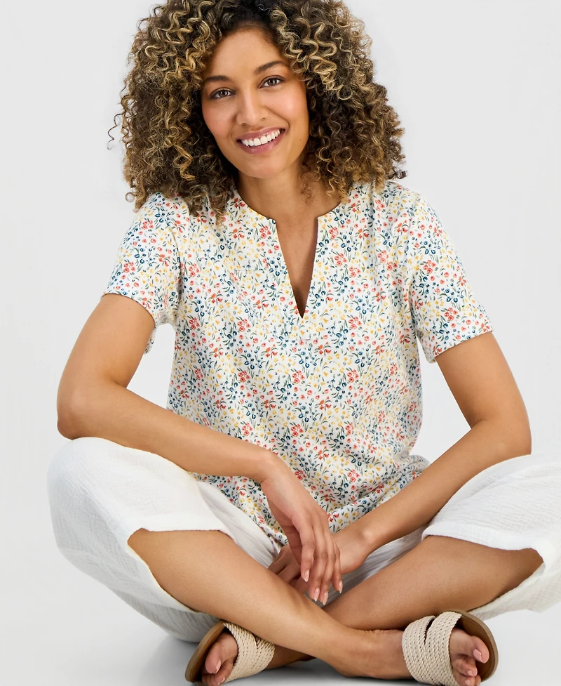 Style & Co Petite Floral-Print Short-Sleeve Split-Neck Yoke Top, Macy's Exclusive