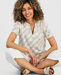 Style & Co Petite Floral-Print Short-Sleeve Split-Neck Yoke Top, Macy's Exclusive