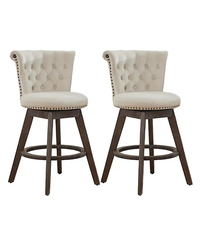 Rainsken 360° Swivel Bar Stools Set of 2, Velvet Counter Height Chairs with Curved Backrest, Nailhead Trim and Solid Wood Legs for Kitchen Island