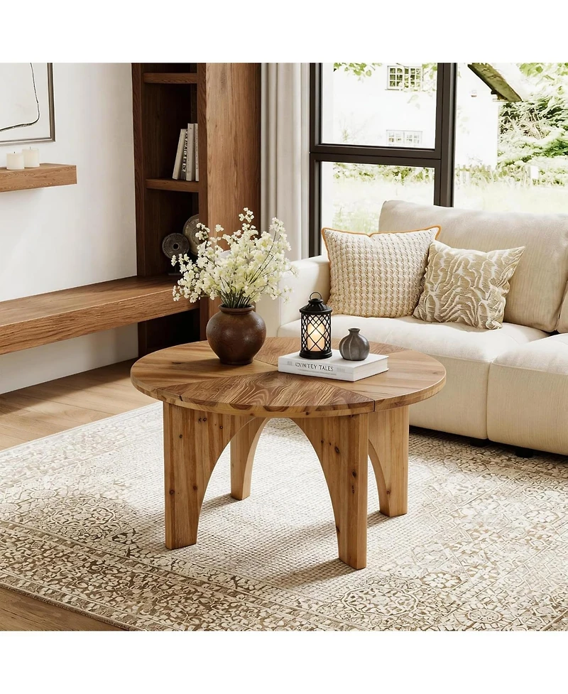 Tribesigns Solid Wood Round Coffee Table, Farmhouse Center Table with Curved Legs, Circle Cocktail Tea Table