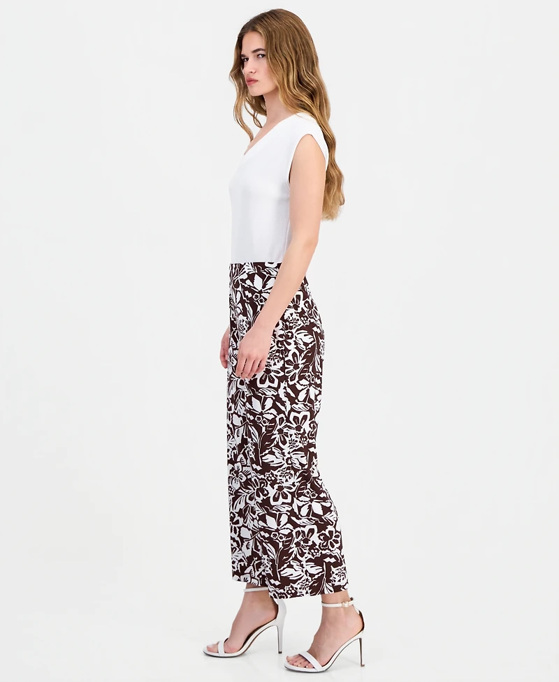 Anne Klein Essentials Petite Printed High-Rise Wide-Leg Pants