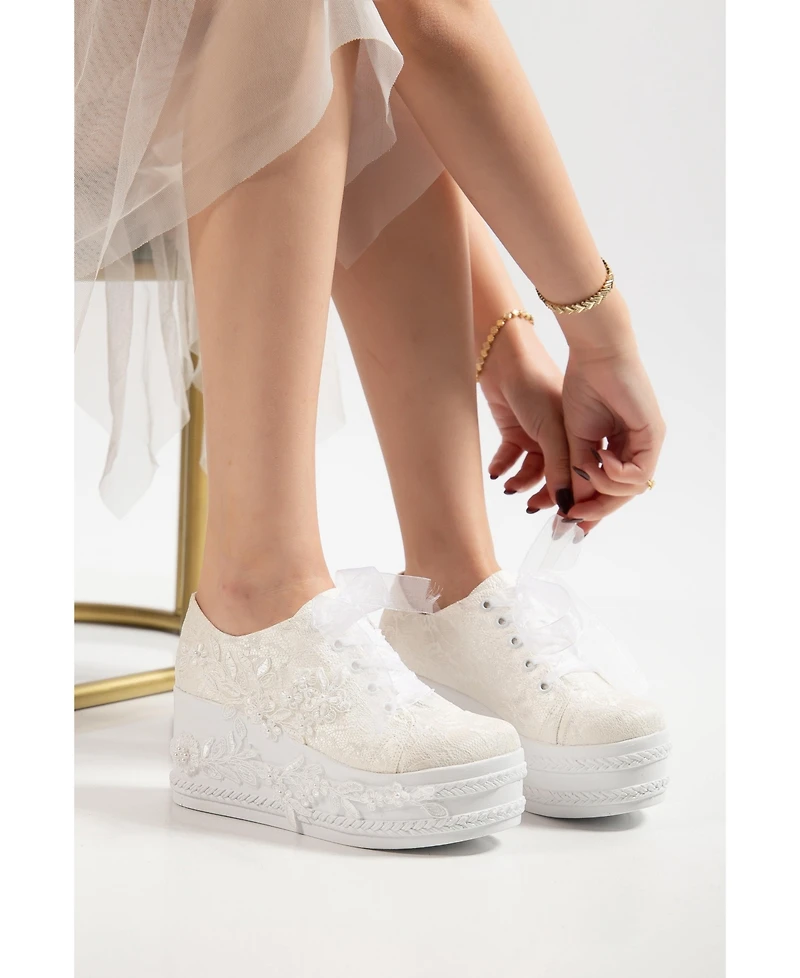 Forever & Always Shoes Women's Valencia Lace Platform Bridal Sneaker
