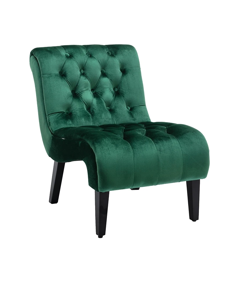 Rainsken Modern Velvet Accent Chair, Upholstered Fabric Button Reading Chaise with Tufted Back, Wooden Legs, Rolled Edge Design for Living Room