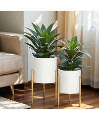 LuxenHome 2-Piece Diamond Pattern Round Metal Cachepot Planter Set