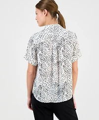 Anne Klein Essentials Petite Printed Button-Front Short-Sleeve Top