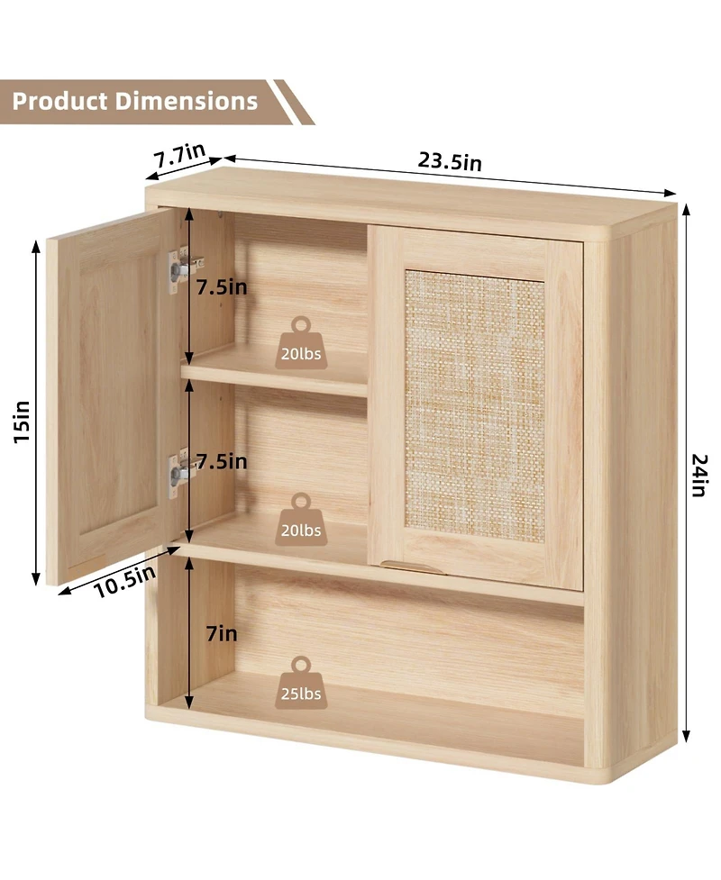 Yigii Rattan Wall Mounted Bathroom Cabinet Adjustable Shelf Over Toilet Storage Organizer Boho Style
