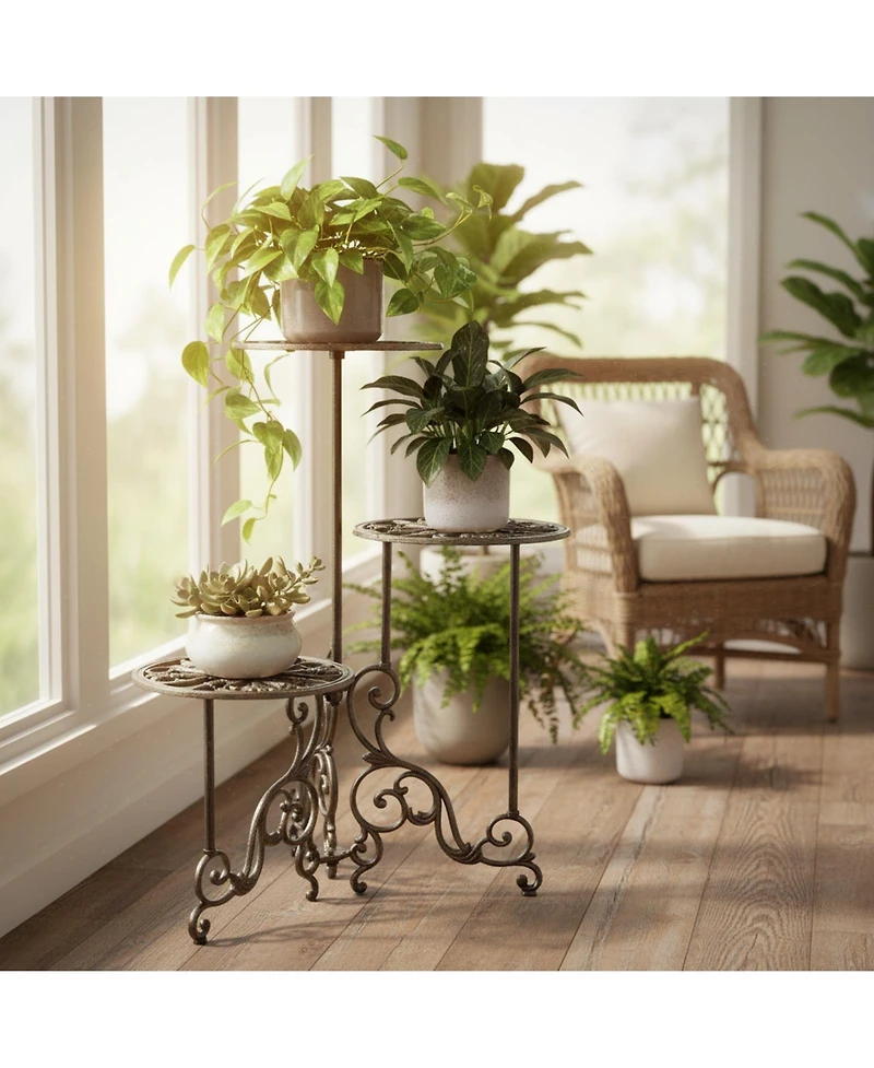 Yigii 3 Tier Cast Iron Plant Stand Foldable Rustic Metal Shelf 24in Tall Indoor Outdoor Flower Pot Holder Display Rack