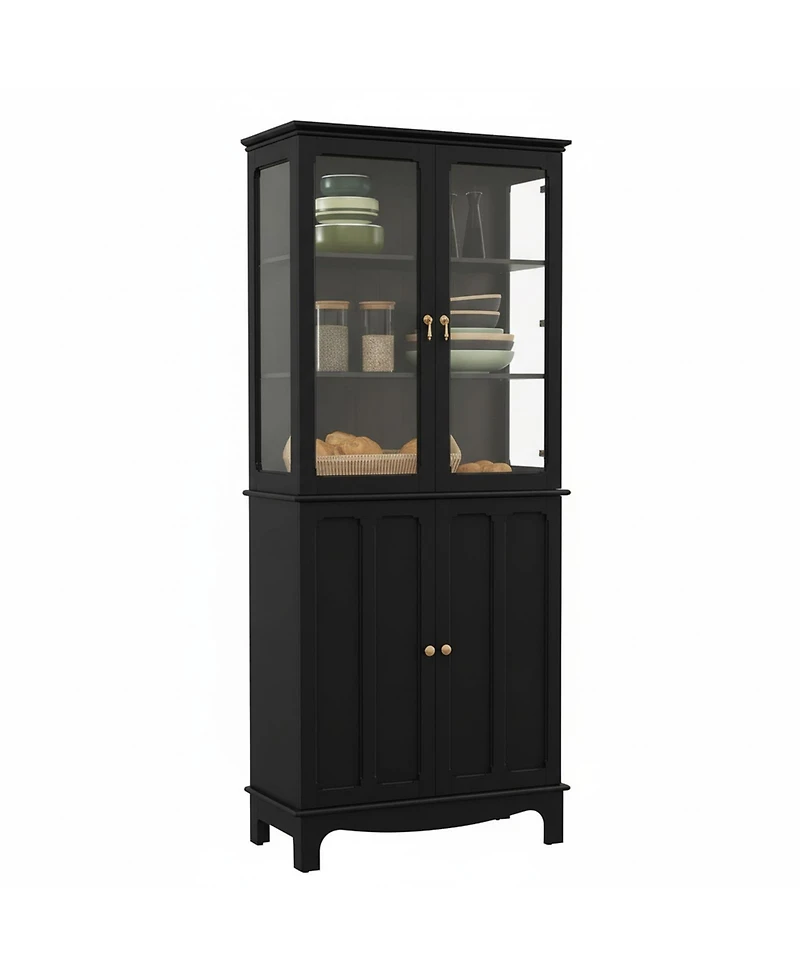 Yigii 72" Freestanding Kitchen Pantry Storage Cabinet Glass Door Adjustable Shelves Multifunctional Classical
