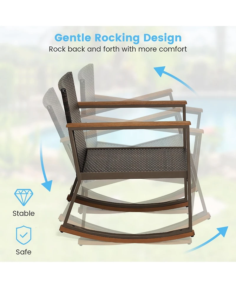 Gymax 3PCS Patio Rattan Rocking Chair Bistro Set Armrest Cushion Table w/ Storage Shelf