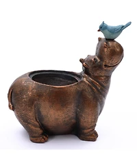 LuxenHome Brown Hippo and Blue Bird MgO Flower Pot Planter