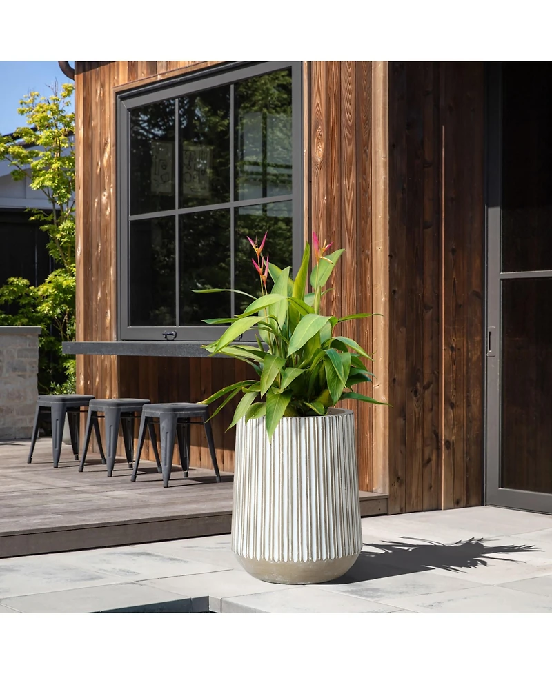 LuxenHome 12.6-Inch Round Brown and White Striped MgO Planter