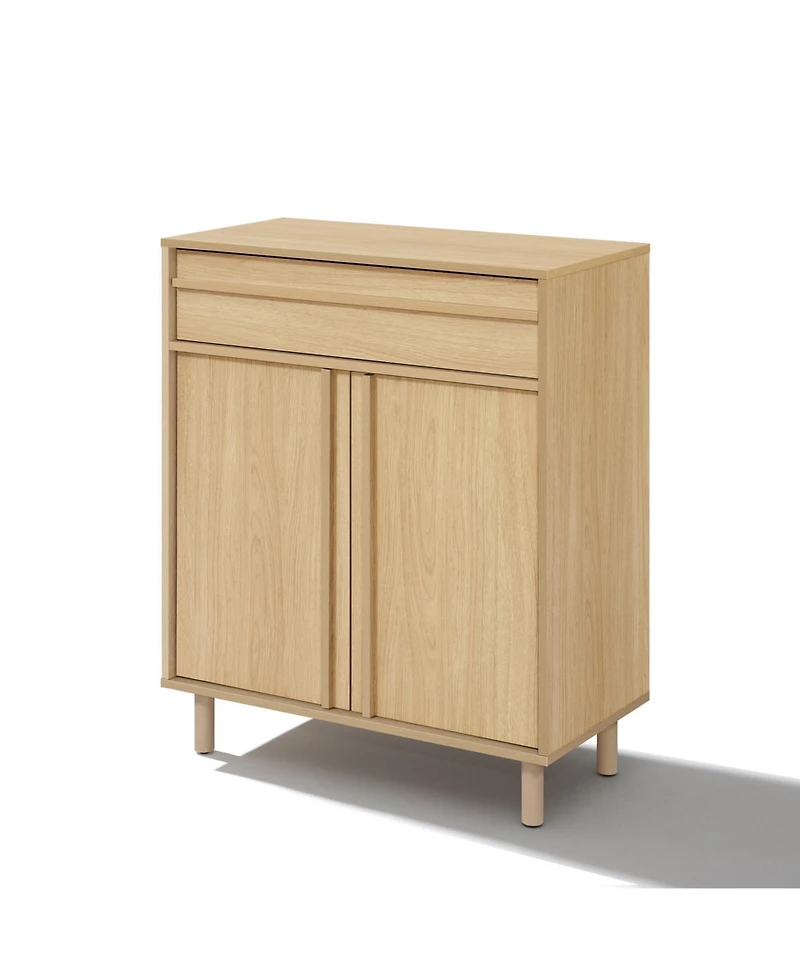 LuxenHome 31.5” Hazel Oak Manufactured Wood Storage Cabinet with Drawer and Rubberwood Legs