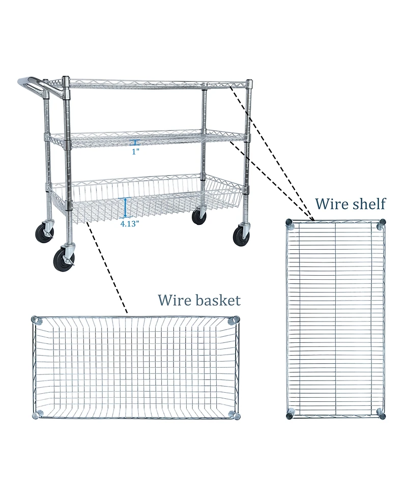 Rainsken Heavy Duty Rolling Utility Cart, 3 Tier Metal Kitchen Carts On Wheels with Handle Bar & Wire Shelf for Restaurant, Plant Display