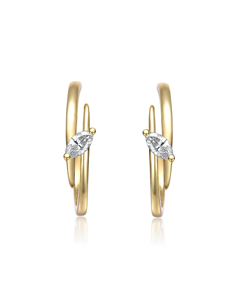 Sterling Silver 14K Gold Plated with Clear Cubic Zirconia Double Curve C-Hoop Earrings