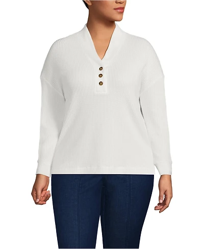 Lands' End Plus Long Sleeve Waffle Shawl Collar Henley