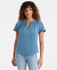 Lands' End Women's Slub Short Sleeve Notch Neck Top