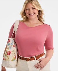 Lands' End Plus Supima Cotton Elbow Sleeve Boatneck Button Shoulder Tee