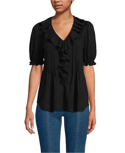 Lands' End Women's Puff Sleeve Slub Ruffle Pintuck Top