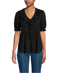 Lands' End Women's Puff Sleeve Slub Ruffle Pintuck Top