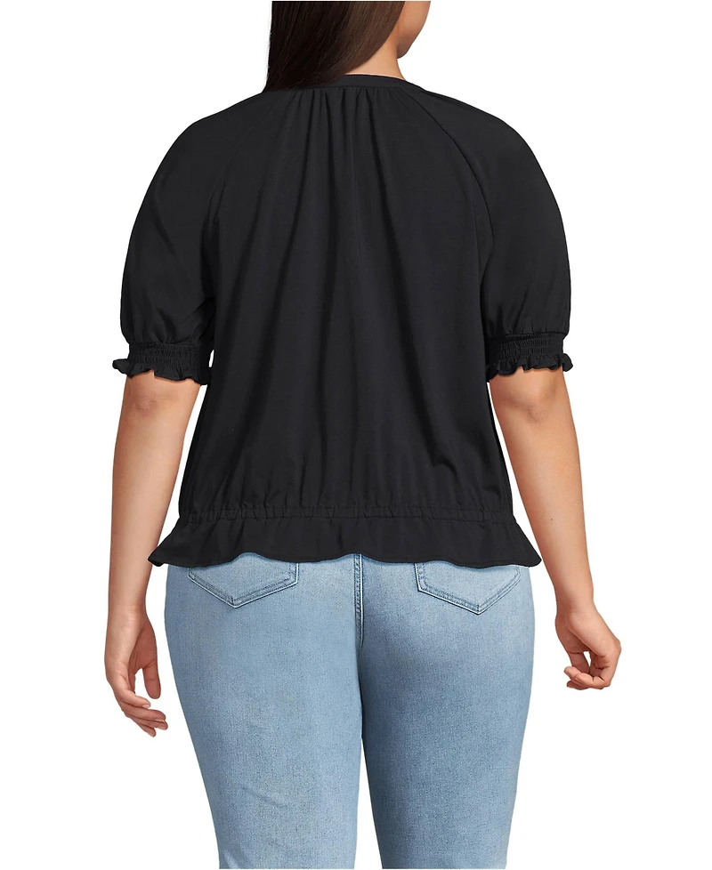 Lands' End Plus Elbow Sleeve Lightweight Jersey Gathered Adjustable Hem Blouse