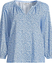 Lands' End Women's Lightweight Jersey 3/4 Sleeve Notch Neck Gather Blouse