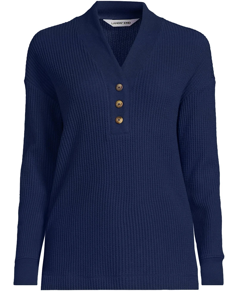 Lands' End Women's Long Sleeve Waffle Shawl Collar Henley