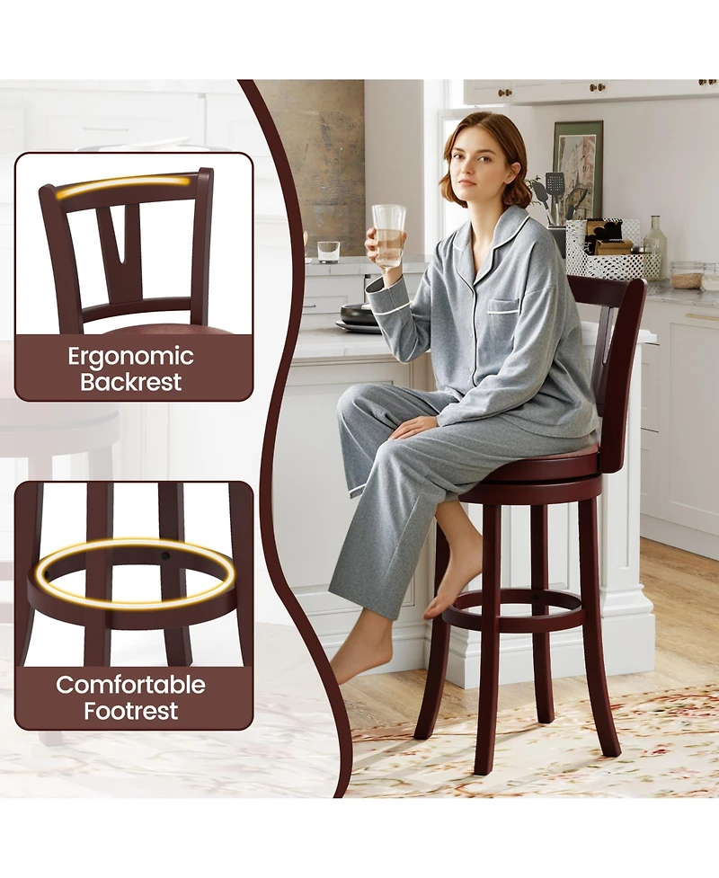 Gymax 30'' Bar Height Swivel Barstools Set of 4 High Backs and Footrests Solid Wood