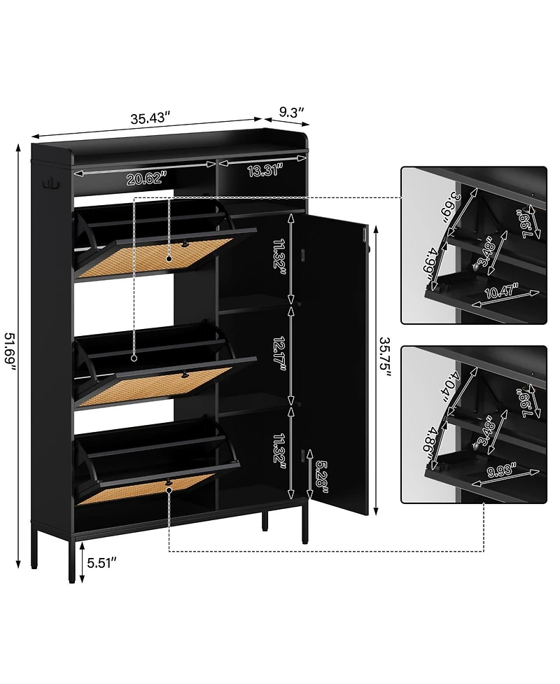 Homfan Shoe Storage Cabinet with 3 Flip Drawers, Rattan Hidden Freestanding Organizer Adjustable Shelves and Metal Knob for Entryway, Hallway