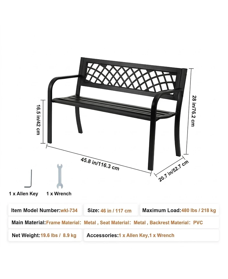 Gouun Metal Outdoor Patio Bench with Armrests and Backrest