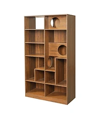 Zeus And Ruta Modern 2 1 Wood Cat Tree Bookshelf House With Storage Display Case Litter Box Enclosure